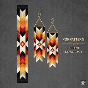 May include: A digital PDF pattern featuring a geometric design in black, white, red, and yellow. The pattern is displayed on a dark gray background and includes a bracelet and a pair of earrings. The text "PDF PATTERN" and "INSTANT DOWNLOAD" are also visible.
