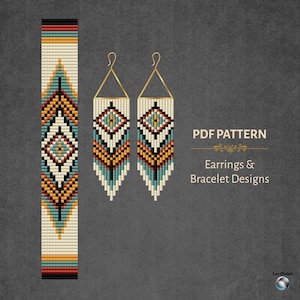 May include: A digital PDF pattern for earrings and bracelet designs. The image shows a beaded bracelet design and two beaded earrings with a geometric pattern in cream, black, turquoise, orange, and gold. The text reads "PDF Pattern" and "Earrings & Bracelet Designs."