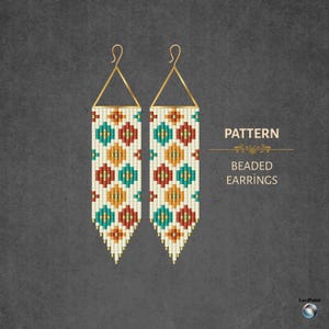 May include: A pair of beaded earrings with a geometric pattern in teal, orange, and red on an off-white base. The earrings have gold-coloured triangle tops and are set against a dark grey backdrop. The text "PATTERN" and "BEADED EARRINGS" is visible.