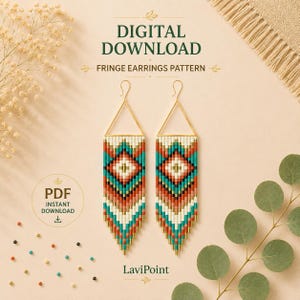 May include: Digital download image featuring a fringe earrings pattern. The earrings have a geometric design with teal, cream, and rust-colored beads. The earrings are suspended from gold-colored triangle-shaped frames. The text "DIGITAL DOWNLOAD" and "FRINGE EARRINGS PATTERN" are displayed.