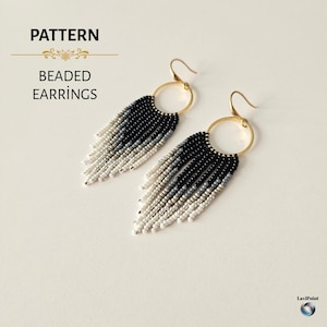 May include: A pair of beaded earrings with a gold-colored hoop and a fringe of black, gray, and white beads. The earrings are displayed on a light-colored surface. The text "PATTERN" and "BEADED EARRINGS" is visible in the image.