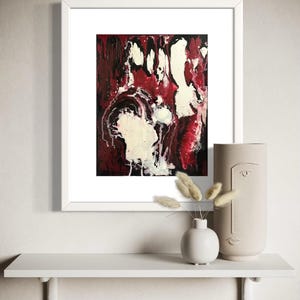 Red and black textured drip abstract painting. Framed original artwork. 11x14 piece. 18x22 frame