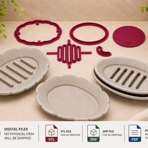 May include: A collection of beige oval soap dishes with slatted drainage inserts, accompanied by dark red 3D printing components including frames, a circular disc, and a grid. The image includes text indicating digital files for 3D printing.