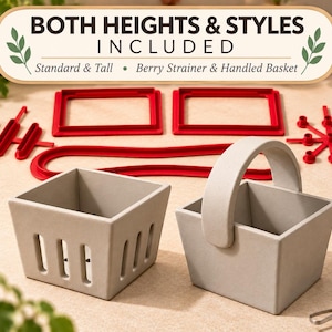 May include: A set of two light gray square containers, one with a handle and one with side slits, accompanied by red plastic components including frames, a long strip, and a star-shaped piece. Text reads: BOTH HEIGHTS & STYLES INCLUDED Standard & Tall Berry Strainer & Handled Basket.