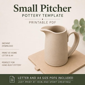 Puede incluir: Una jarra de cerámica beige con asa y pico curvos. El texto dice: Small Pitcher POTTERY TEMPLATE PRINTABLE PDF, INSTANT DOWNLOAD, PRINT AT HOME LETTER & A4, PERFECT FOR HAND-BUILT POTTERY, LETTER AND A4 SIZE PDFS INCLUDED.