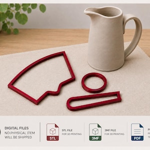 Puede incluir: Una jarra de cerámica beige con asa y tres marcos rojos impresos en 3D de formas variadas. La imagen incluye texto que indica archivos digitales para impresión 3D, específicamente archivos STL y 3MF, junto con una plantilla PDF imprimible.
