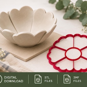 Puede incluir: Un cuenco de cerámica beige con un borde festoneado en forma de pétalos y un cortador de galletas circular de plástico rojo a juego con seis secciones en forma de pétalo. La imagen incluye iconos de descarga digital, archivos STL y 3MF.