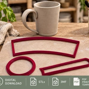 Puede incluir: Tres cortadores de galletas de plástico rojo oscuro con formas distintas: un arco ancho curvado, un anillo circular y un marco rectangular alargado con extremos redondeados. Estos artículos se presentan como descarga digital que incluye archivos STL, 3MF y PDF.