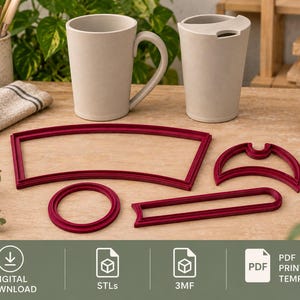 Könnte beinhalten: Ein Set aus vier dunkelroten Kunststoffschablonen für Töpferarbeiten, bestehend aus einem großen geschwungenen Teil, einem kreisförmigen Ring, einem rechteckigen Streifen und einem halbmondförmigen Werkzeug. Unten im Bild befinden sich Symbole für digitalen Download, STL, 3MF und PDF-Druckvorlagen.