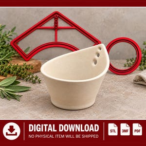 Może przedstawiać: Beżowa ceramiczna miska ze skośną krawędzią i trzema małymi otworami z jednej strony, w towarzystwie dwóch czerwonych plastikowych narzędzi wydrukowanych w 3D. Obraz zawiera tekst DIGITAL DOWNLOAD, NO PHYSICAL ITEM WILL BE SHIPPED, STL, 3MF i PDF.