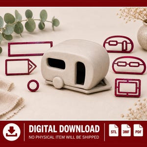 May include: A beige camper-shaped object sits centrally, surrounded by several dark red, flat, geometric frames and shapes. These include a long rectangle, a pointed tag, a small circle, and two rounded arch-like frames with internal cutouts.
