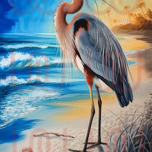 Blue Heron Art Print, Watercolor Heron Illustration, Digital Download, Coastal Wall Art, Beach Bird Decor, Wildlife Print, Instant Download