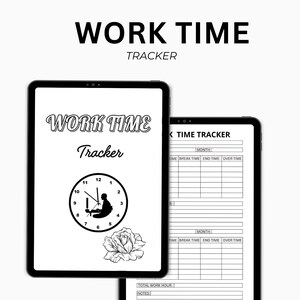May include: Two black tablets displaying a "Work Time Tracker" design. The first tablet shows a clock graphic with a person working, a rose, and the words "Work Time Tracker." The second tablet shows a time tracker form.