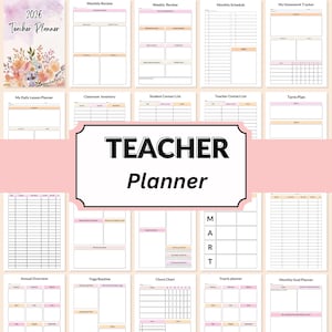 Op de afbeelding: Een 2026 Teacher Planner met diverse planningspagina's. De omslag toont bloemwerk en de tekst "2026 Teacher Planner". Binnenin zijn er pagina's voor maandelijkse beoordelingen, wekelijkse roosters en leerlingcontactlijsten. De planner bevat een titel "Teacher Planner".