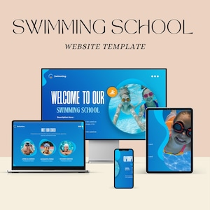 Puede incluir: Un diseño de plantilla de sitio web para una escuela de natación, que se muestra en un monitor de escritorio, una computadora portátil, una tableta y un teléfono inteligente. El diseño presenta un esquema de color azul y blanco con el texto "SWIMMING SCHOOL" y "WELCOME TO OUR SWIMMING SCHOOL".