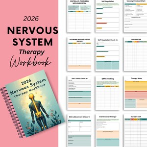 May include: A spiral-bound workbook titled "2026 Nervous System Therapy Workbook" with a teal cover featuring a human figure and the nervous system. The image also shows several pages with charts and checklists for therapy and self-regulation.
