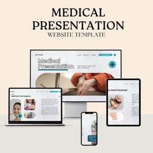 May include: A digital mockup of a medical website template, displayed on a desktop monitor, laptop, tablet, and smartphone. The website's title is "Medical Presentation" with the text "Website Template" below. The laptop screen shows "Maintain Oral Hygiene".