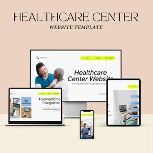 Op de afbeelding: Een digitale mockup van een sjabloon voor een gezondheidszorgwebsite weergegeven op een desktopcomputer, laptop, tablet en smartphone. De website heeft een strak ontwerp met de tekst "Healthcare Center Website" en "Telemedicine Integration."