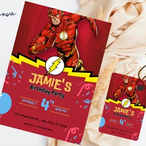 Peut inclure: Une invitation d'anniversaire rouge et jaune avec un graphisme de super-héros. L'invitation comprend le texte "Jamie's Birthday Party" et les détails de l'événement. Une étiquette cadeau assortie est également présente.