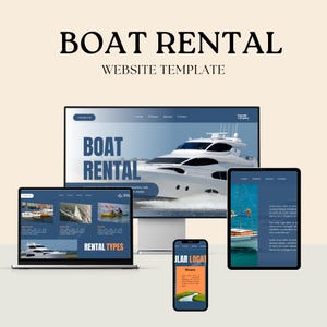 Może przedstawiać: Szablon strony internetowej dla usług wynajmu łodzi, wyświetlany na laptopie, monitorze komputera stacjonarnego, tablecie i smartfonie. Projekt zawiera niebiesko-białą kolorystykę ze zdjęciami łodzi oraz tekstem "BOAT RENTAL" i "RENTAL TYPES".