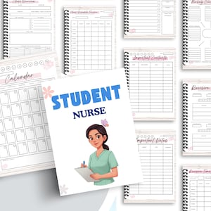 Könnte beinhalten: Eine Sammlung von Spiralnotizbüchern und Planern. Das Cover des zentralen Notizbuchs lautet "STUDENT NURSE" mit einer Illustration einer Krankenschwester. Weitere Notizbücher umfassen Kalender, Stundenpläne und Revisionsplaner.
