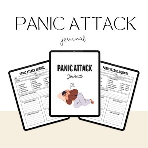 May include: A digital tablet showing a "Panic Attack Journal" with a person lying down, holding their head. The journal pages include sections for recording physical sensations, negative thoughts, and coping strategies. The text "Panic Attack Journal" is at the top.