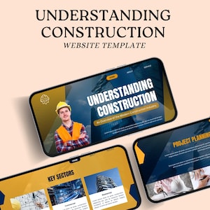 Puede incluir: Tres smartphones que muestran una plantilla de sitio web con el título "Understanding Construction". El sitio web presenta imágenes de trabajadores de la construcción y edificios. La parte superior de la imagen dice "Understanding Construction Website Template".