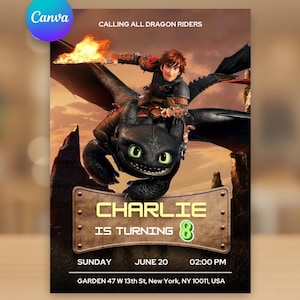 Puede incluir: Una invitación de cumpleaños con una ilustración de dibujos animados de un dragón y un jinete. La invitación incluye el texto "CALLING ALL DRAGON RIDERS" y detalles de la fiesta: nombre "CHARLIE", edad "8", fecha, hora y lugar.