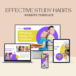 Op de afbeelding: Een website-sjabloon met de titel "Effective Study Habits" wordt weergegeven op een laptop, desktop, tablet en smartphone. De sjabloon bevat de tekst "Effective Study For Children" en afbeeldingen van kinderen. Het laptopscherm toont "The Power of Repetition."