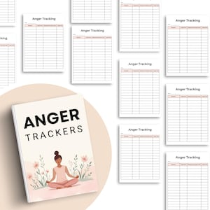 Puede incluir: Un diario titulado "ANGER TRACKERS" con una mujer meditando en la portada. Varias hojas blancas etiquetadas como "Anger Tracking" rodean el diario, cada una con espacios para registrar datos. La portada presenta una mujer en posición de loto.