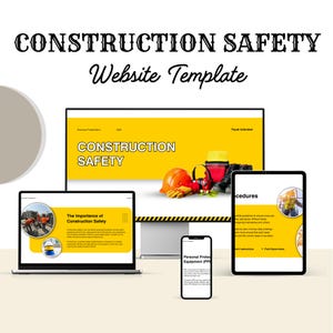 May include: A website template titled "CONSTRUCTION SAFETY" displayed on a laptop, computer monitor, tablet, and smartphone. The main screen shows a presentation with the words "CONSTRUCTION SAFETY" and safety equipment. The other screens show related content.