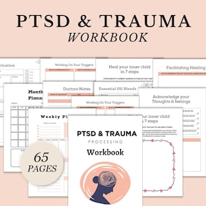 Könnte beinhalten: Ein Arbeitsbuch mit dem Titel "PTSD & Trauma Workbook" mit 65 Seiten. Das Cover zeigt eine Silhouette eines Kopfes. Im Inneren befinden sich Seiten für Wochenplanung, Arztnotizen und Übungen zur Heilung und zum Erkennen von Gefühlen.