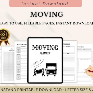 Puede incluir: Un planificador de mudanzas digital con páginas rellenables. El planificador incluye una tableta que muestra el título "MOVING PLANNER" con un gráfico de un camión de mudanzas y personas. Páginas adicionales incluyen un boceto del piso, línea de tiempo y listas de contactos.