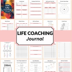 May include: A 2026 Life Coaching Journal with various planning pages. The cover features a colorful abstract design. Inside, there are sections for daily and weekly planning, self-care, and personal reflection. The journal includes prompts for goal setting and self-assessment.