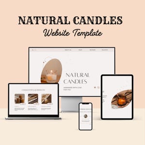 May include: A website template design for natural candles, displayed on a desktop computer, laptop, tablet, and smartphone. The design features a neutral color palette with images of candles and the text "NATURAL CANDLES Website Template".