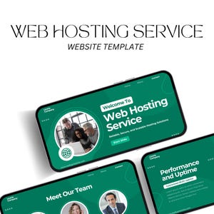 Può includere: Un modello di sito web per un servizio di web hosting, visualizzato su tre schermi di smartphone. Gli schermi presentano una combinazione di colori verde e bianco con il testo "Web Hosting Service" e "Meet Our Team". Il design include un'icona del globo e il testo "Reliable, Secure, and Scalable Hosting Solutions."