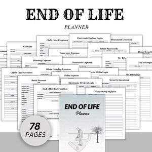 May include: A collection of 78-page End of Life Planner sheets. The planner includes sections for contacts, expenses, passwords, and other important information. The cover features a person walking a path with a tree.