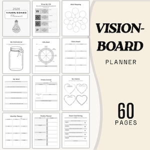 May include: A 2026 Vision Board Planner with 60 pages. The planner includes sections for mind mapping, gratitude, and goal setting. The cover features the text "VISION BOARD PLANNER" and the brand name "NOISIA".