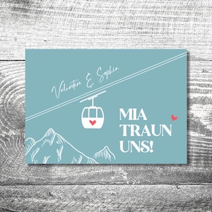 Klappkarte Hochzeit Einladung Gondelliebe | individuell anpassbar | Hochzeitseinladung Bergliebe | Bergbahn | Gondel | Mountains