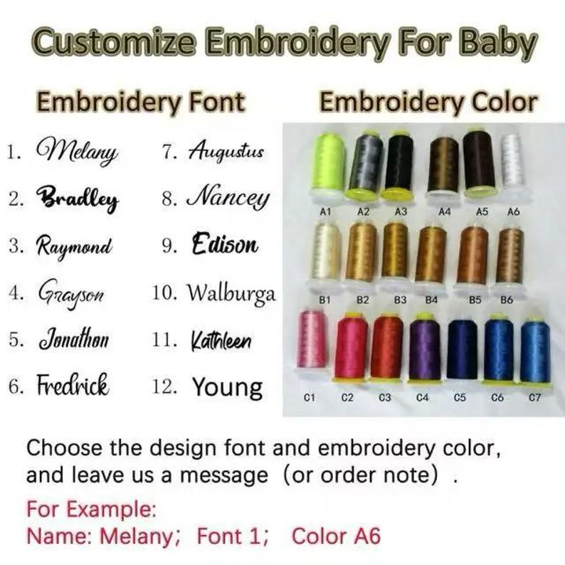 May include: A chart with 12 embroidery font options and 21 embroidery thread color options. The chart is titled "Customize Embroidery For Baby". The text "For Example: Name: Melany; Font 1; Color A6" is included.
