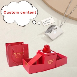 Colar de envelope personalizado – Pingente de carta de amor personalizado com caixa de rosas, presente romântico para ela, casamento, aniversário, Natal