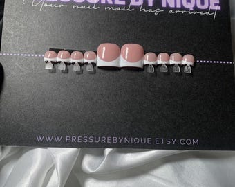 Classic French Tip Toe Press Ons| Neutral Pink Base| Reusable Handmade Set| Custom Sizes