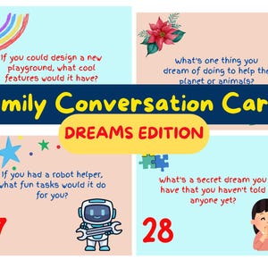 Schede di conversazione a cena per bambini, 30 domande divertenti per la famiglia dai 4 ai 10 anni, giochi di abilità sociali stampabili, attività di legame familiare, routine familiare