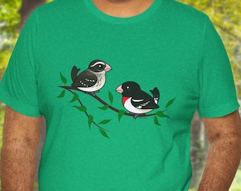 Rose-breasted Grosbeaks Unisex Jersey Short Sleeve Tee | Cute Birdorable Pair of Songbirds Cartoon Graphic | Bird Lover Gift Idea