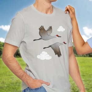 Sandhill Cranes Adult Tee | Flying Cartoon Cranes Bird Lover Unisex Jersey Short Sleeve T-Shirt | Cute Birdorable Crane Design Apparel
