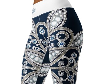 May include: Blue leggings with a white waistband and a white and blue patterned design. The pattern features swirls, circles, and leaves.