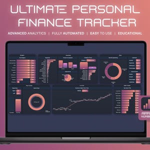 Puede incluir: Un ordenador portátil que muestra un panel financiero con gráficos y diagramas. La pantalla muestra visualizaciones de datos en tonos rosas y morados. El texto "ULTIMATE PERSONAL FINANCE TRACKER" está en la parte superior. El logotipo de Apple Numbers es visible.