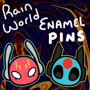 Op de afbeelding: Twee emaillepins met cartoonfiguren. De eerste pin is rood met witte ogen en gele strepen. De tweede pin is blauw met een rode cirkel en zwarte ogen. De tekst "Rain World Enamel Pins" staat boven de pins.