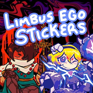 Könnte beinhalten: Zwei bunte Comicfiguren vor einem roten und schwarzen Hintergrund. Der Text "Limbus Ego Stickers" ist in weißen Buchstaben auf blauem Hintergrund geschrieben.