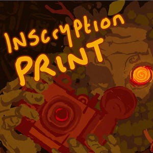 以下が含まれることがあります： カメラのデジタルイラストで、黄色い文字で「INSCRYPTION PRINT」と書かれています。